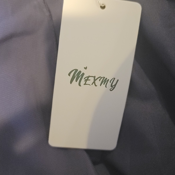 Short Blue Gray Chiffon Dress With Pockets - Picture 2 of 5